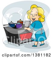 Poster, Art Print Of Cartoon Happy Blond White Woman Cooking On An Induction Cook Top