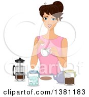 Clipart Of A Happy Brunette White Woman Adding Sugar To Her Coffee Royalty Free Vector Illustration