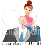 Poster, Art Print Of Brunette Caucasian Female Personal Shopper Holding Out A Suit