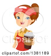 Brunette Caucasian Woman Holding Out A Fast Food Coffee