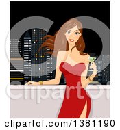 Clipart Of A Brunette Caucasian Woman In A Red Dress Holding A Cocktail On A City Roof Top Building Royalty Free Vector Illustration by BNP Design Studio