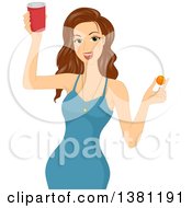 Poster, Art Print Of Brunette White Woman In A Blue Dress Holding A Red Cup Of Beer And A Ping Pong Ball