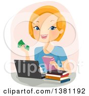 Poster, Art Print Of Happy Strawberry Blond Caucasian Woman Selling Books Online