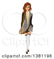 Poster, Art Print Of Happy Brunette Caucasian Woman Wearing Glasses And Dressed In Preppy Clothing