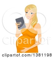 Clipart Of A Happy Blond Caucasian Pregnant Woman Holding Her Belly And Reading On A Tablet Royalty Free Vector Illustration