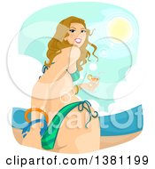 Clipart Of A Low Angle Rear View Of A Dirtly Bond White Woman In A Bikini Holding A Cocktail And Looking Back On A Beach Royalty Free Vector Illustration