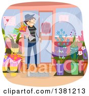 Happy Brunette Stick Man Purchasing Flowers From A Shop