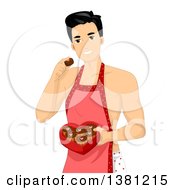 Clipart Of A Half Naked Man Wearing An Apron And Eating Valentines Day Chocolates Royalty Free Vector Illustration