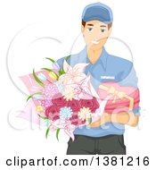 Poster, Art Print Of Caucasian Man Delivering Valentines Day Chocolates And Flowers