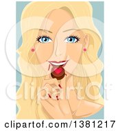 Clipart Of A Blond Haired Blue Eyed Caucasian Woman Eating A Piece Of Valentine Chocolate Royalty Free Vector Illustration