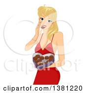 Poster, Art Print Of Blond Haired Caucasian Woman In A Red Dress Eating Valentines Day Chocolates