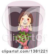 Poster, Art Print Of Brunette White Woman In Love Receiving Flowers