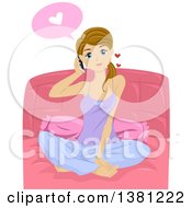 Poster, Art Print Of Caucasian Teenage Girl Sitting On Her Bed And Talking To Her Boyfriend On Her Phone