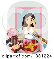 Poster, Art Print Of Brunette Caucasian Teenage Girl Receiving Valentines Gifts From Many Suitors
