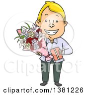 Poster, Art Print Of Cartoon Romantic Blond Caucasian Man Giving A Gift And Flowers On Valentines Day