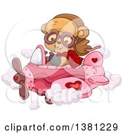 Clipart Of A Cute Female Bear Flying A Pink Valentines Day Airplane Royalty Free Vector Illustration