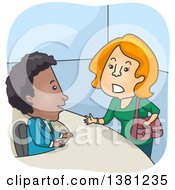Poster, Art Print Of Cartoon Red Haired White Female Customer Complaining To A Black Man At A Help Desk