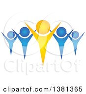 Clipart Of A Teamwork Unity Group Of Blue People And A Yellow Leader Royalty Free Vector Illustration
