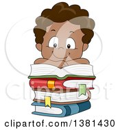 Clipart Of A Happy Black Boy Reading And Resting On A Stack Of Books Royalty Free Vector Illustration by BNP Design Studio