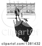 Poster, Art Print Of Woodcut Senior Woman Walking With A Grandchild Near Row Houses And A Dark Shadow