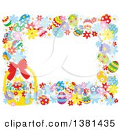 Poster, Art Print Of Horizontal Border Frame Of Easter Eggs Flowers And A Basket