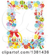 Poster, Art Print Of Vertical Border Frame Of Easter Eggs Flowers And A Basket