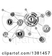 Poster, Art Print Of Black And White Network Of People Socializing Through A Global Connection Over A Gray Map