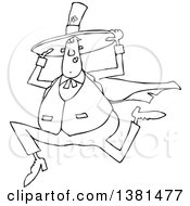 Clipart Of A Cartoon Black And White Lineart Chubby St Patricks Day Leprechaun Holding His Hat And Running Royalty Free Vector Illustration