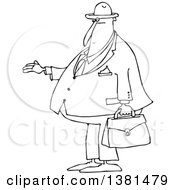 Cartoon Black And White Lineart Chubby Debt Collector Or Businessman Holding His Hand Out For Payment