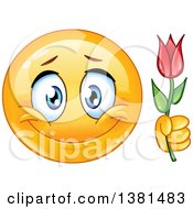 Poster, Art Print Of Romantic Yellow Smiley Face Emoticon Emoji Holding A Flower