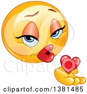Poster, Art Print Of Romantic Female Yellow Smiley Face Emoticon Emoji Holding A Blowing A Kiss And Heart