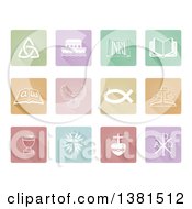 White Christian Icons On Colorful Pastel Tiles