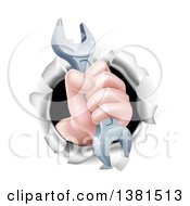 Clipart Of A Cartoon Caucasian Hand Gripping A Wrench And Breaking Through A Wall Royalty Free Vector Illustration