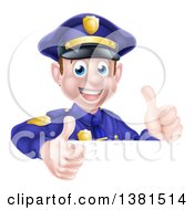 Poster, Art Print Of Cartoon Happy Caucasian Male Police Officer Giving Twp Thumbs Up Over A Sign