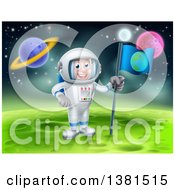 Poster, Art Print Of Happy Caucasian Male Astronaut Planting An Earth Flag On A Foreign Planet