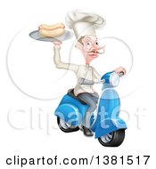 White Male Chef With A Curling Mustache Holding A Hot Dog On A Scooter