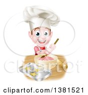 Poster, Art Print Of Happy Brunette Caucasian Boy Wearing A Chef Hat And Making Frosting And Baking Cookies