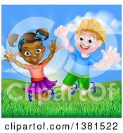 Poster, Art Print Of Happy Energetic White Boy And Black Girl Jumping Outside On A Sunny Day