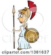 Cartoon Roman Goddess Of War Athena Holding A Shield And Spear