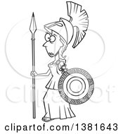Cartoon Black And White Roman Goddess Of War Athena Holding A Shield And Spear