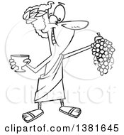 Clipart Of A Cartoon Black And White Greek God Dionysus Holding A Bunch Of Grapes And A Goblet Royalty Free Vector Illustration by toonaday