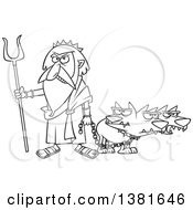 Cartoon Black And White Greek God Hades With His Three Headed Dog Cerberus