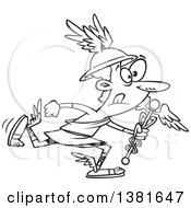 Clipart Of A Cartoon Black And White Olympian God Hermes Wearing A Petasos And Running With A Porta Royalty Free Vector Illustration