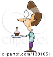 Cartoon Happy Brunette White Woman Holding A Birthda Cupcake On A Plate