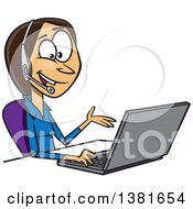 Cartoon Brunette White Business Woman Working On A Laptop And Offering Tech Or Customer Service Support