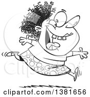 Cartoon Black And White Crazy Woman Running And Leaping On Insanity Day