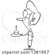 Clipart Of A Cartoon Black And White Happy Woman Holding A Birthda Cupcake On A Plate Royalty Free Vector Illustration