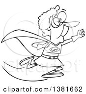 Clipart Of A Cartoon Black And White Super Granny Running To The Rescue Royalty Free Vector Illustration