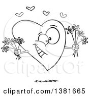 Poster, Art Print Of Cartoon Black And White Romantic Heart Character Holding Bouquets Of Flowers