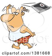 Clipart Of A Cartoon Chubby White Man Failing At His New Year Resolution Throwing A Scale Over His Head And Giving Up Royalty Free Vector Illustration